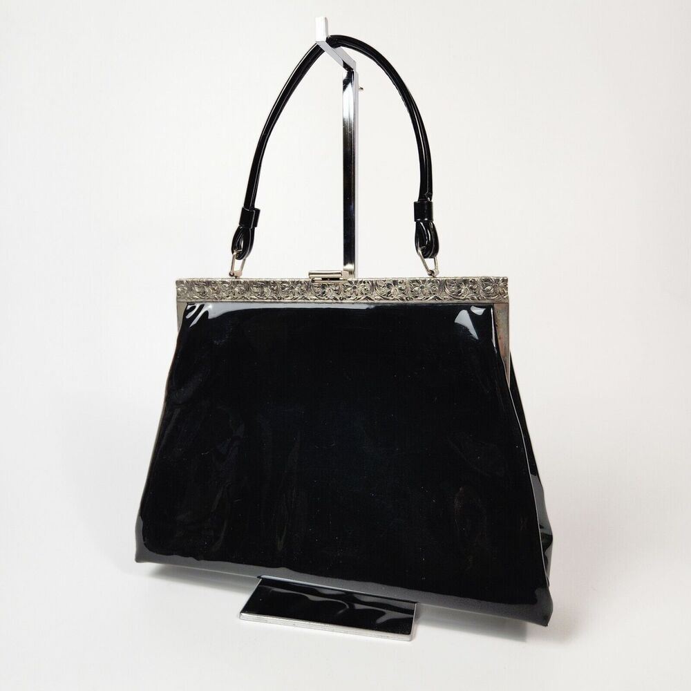 Vintage 50s‎ J. Rudolph Black Leather Top Handle Clutch Purse Silver Metal Clasp